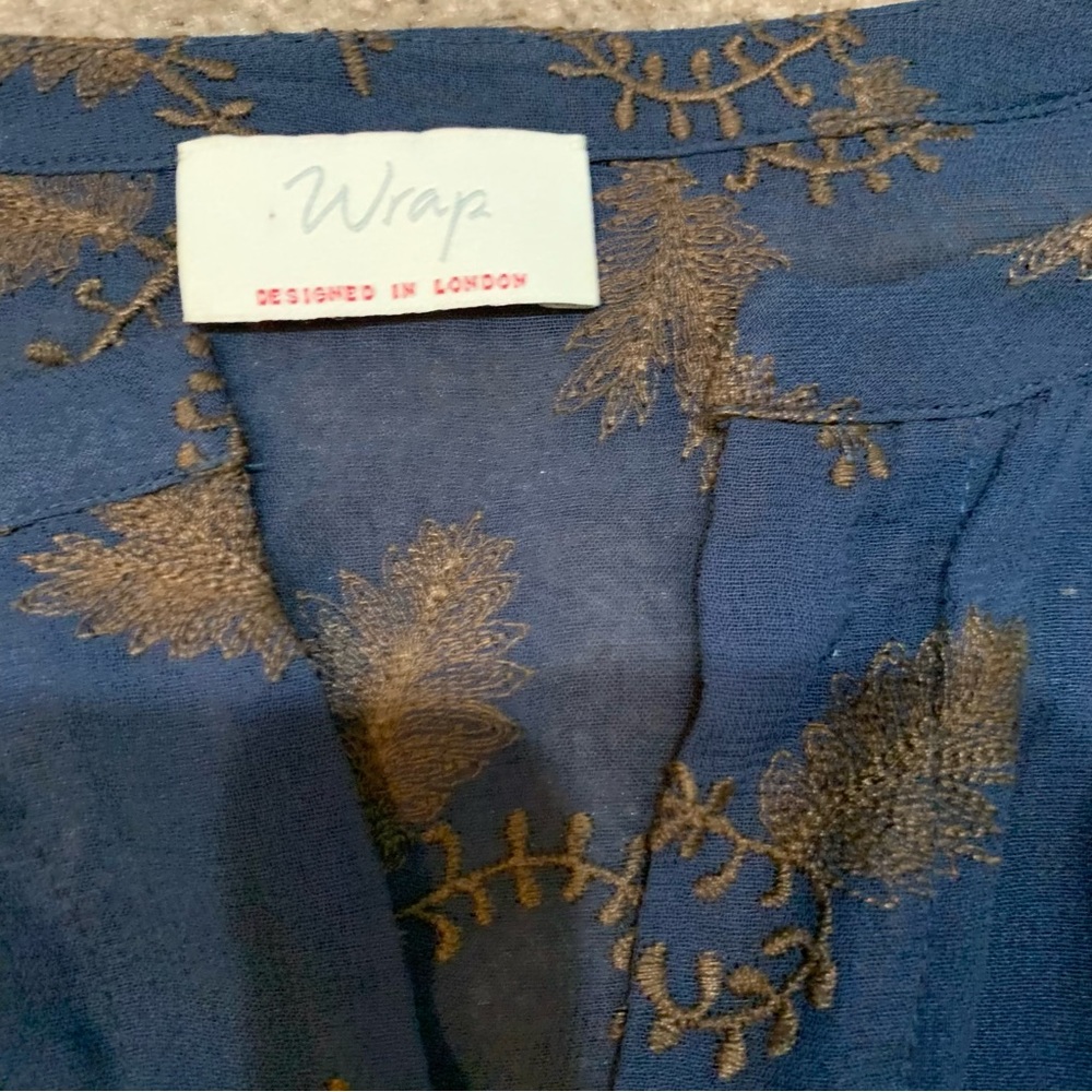 Wrap London sheer Navy blue with tan design, waist ties and button detail US Sz4 - Picture 6 of 10